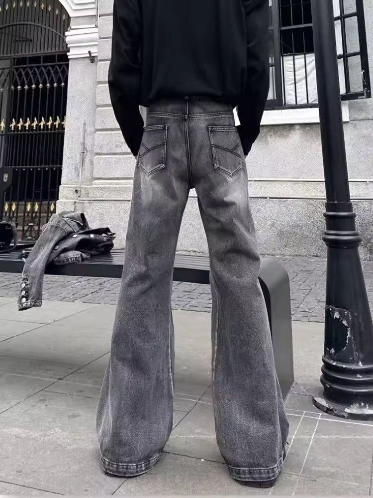 Washed Grey Baggy Stacked Flare Jeans