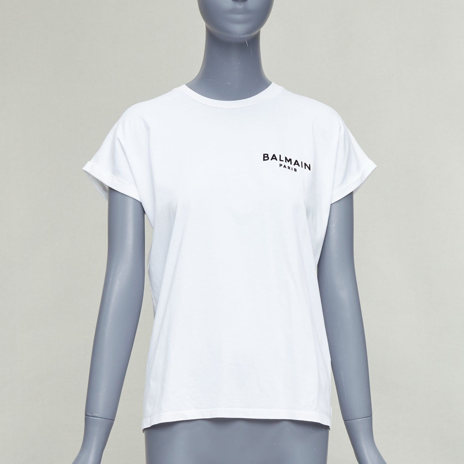 Balmain BALMAIN white cotton black logo felt print cap roll sleeve tshirt XS Size S / US 4 / IT 40 - 1 Thumbnail