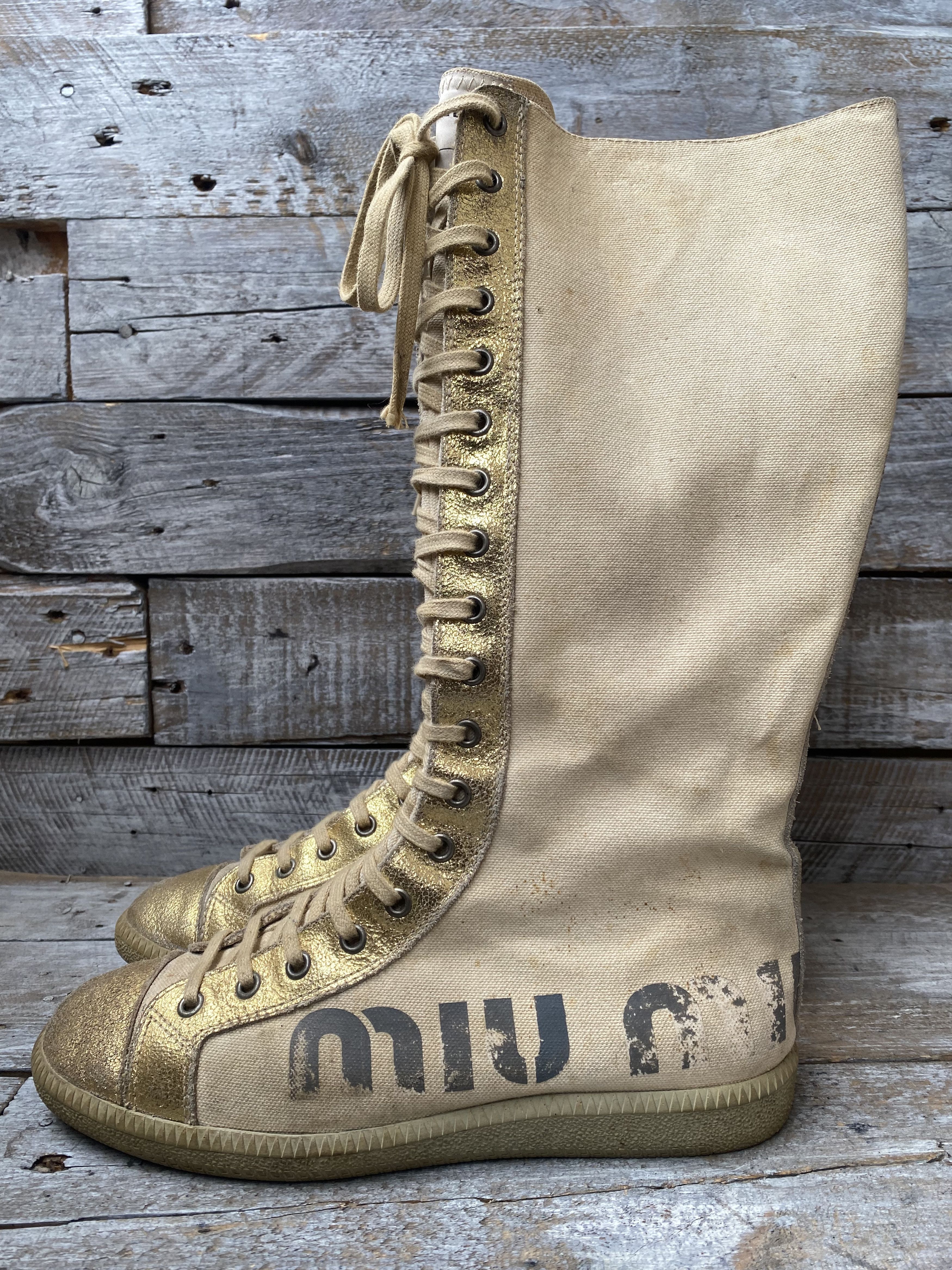 Miu Miu Vintage 90's Miu miu boxing canvas gold sneakers sz38,Y2k Size US 8 / IT 38 - 5 Thumbnail