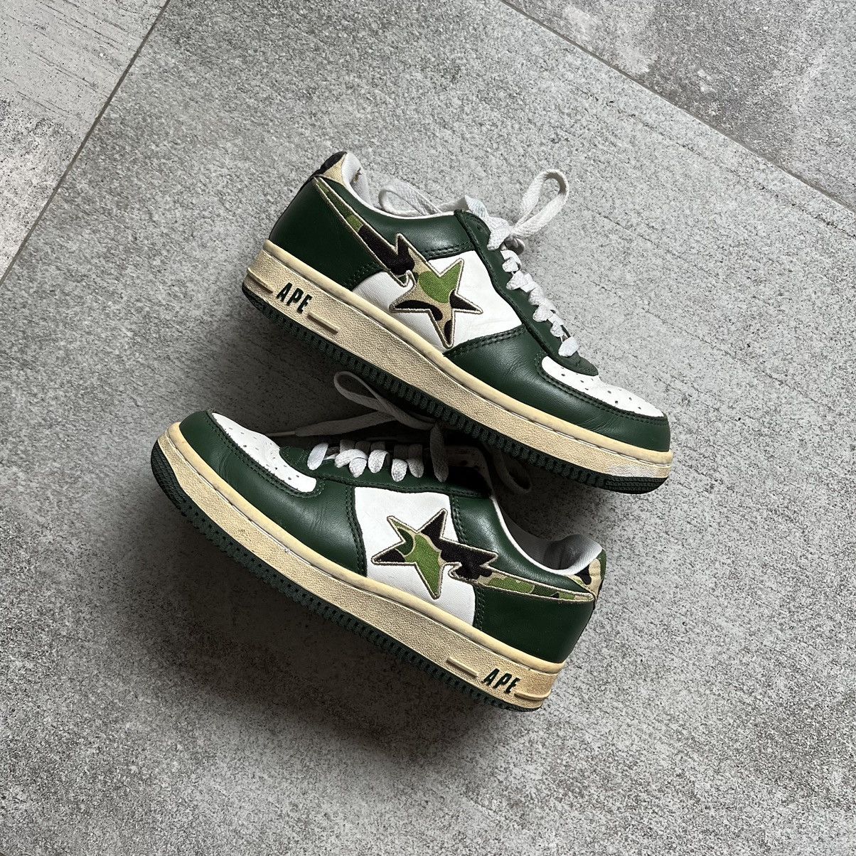 image of A Bathing Ape Bape 1St Camo Green Leather Bapesta Shoes, Men's (Size 5.5)