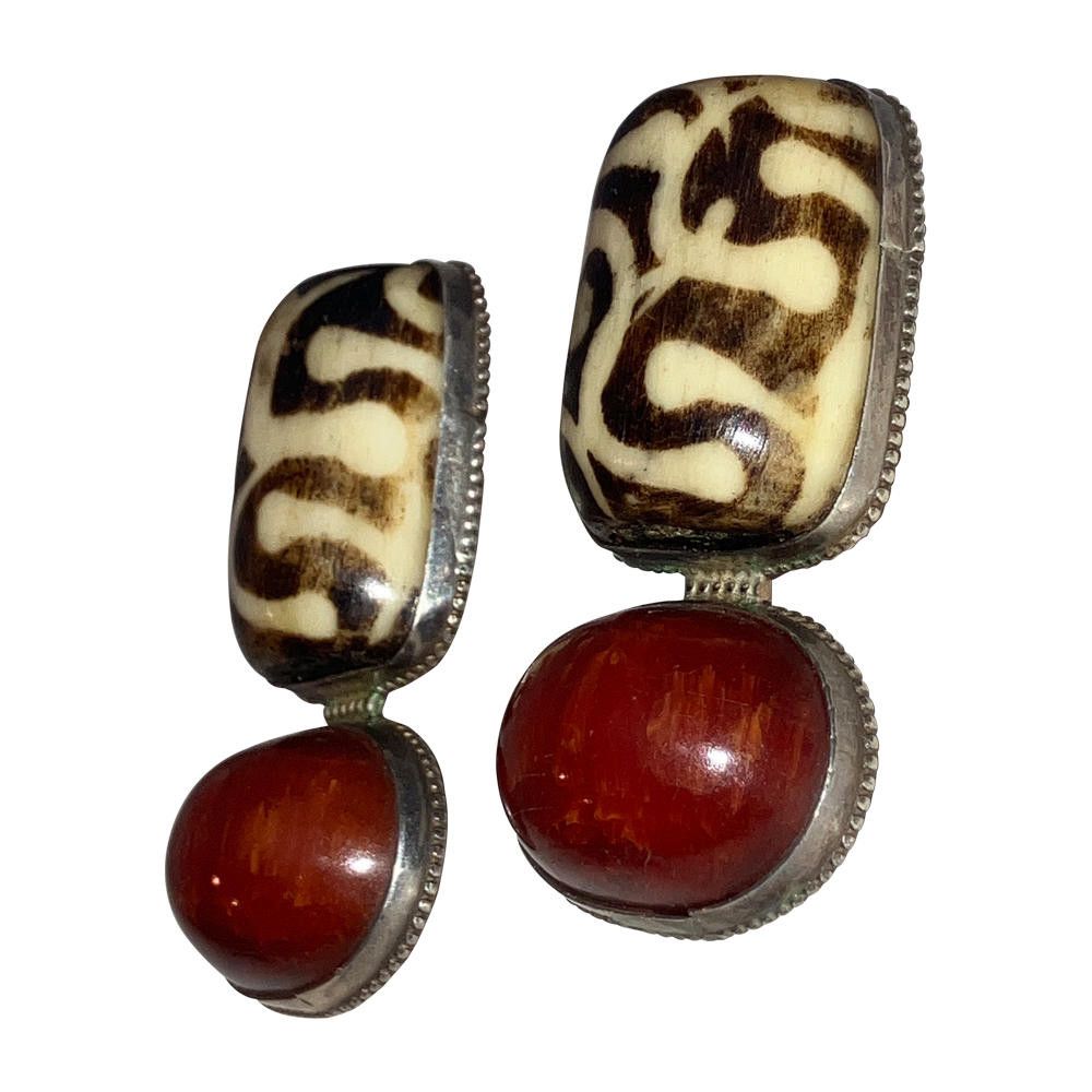 Designer Sterling Dyed Water Buffalo Bone Cherry Amber Earrings Size ONE SIZE - 3 Thumbnail
