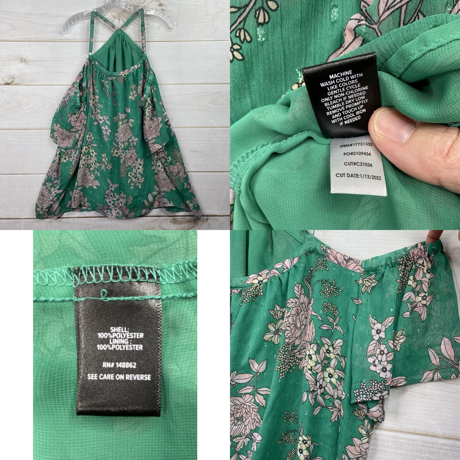 Torrid Torrid Blouse Top 3X Green Floral Cold Shoulder Sleeve Spaghetti Adjustable Strap V-Neck Polyester Bohemian Womens Size XXL / US 16-18 / IT 52-54 - 8 Thumbnail