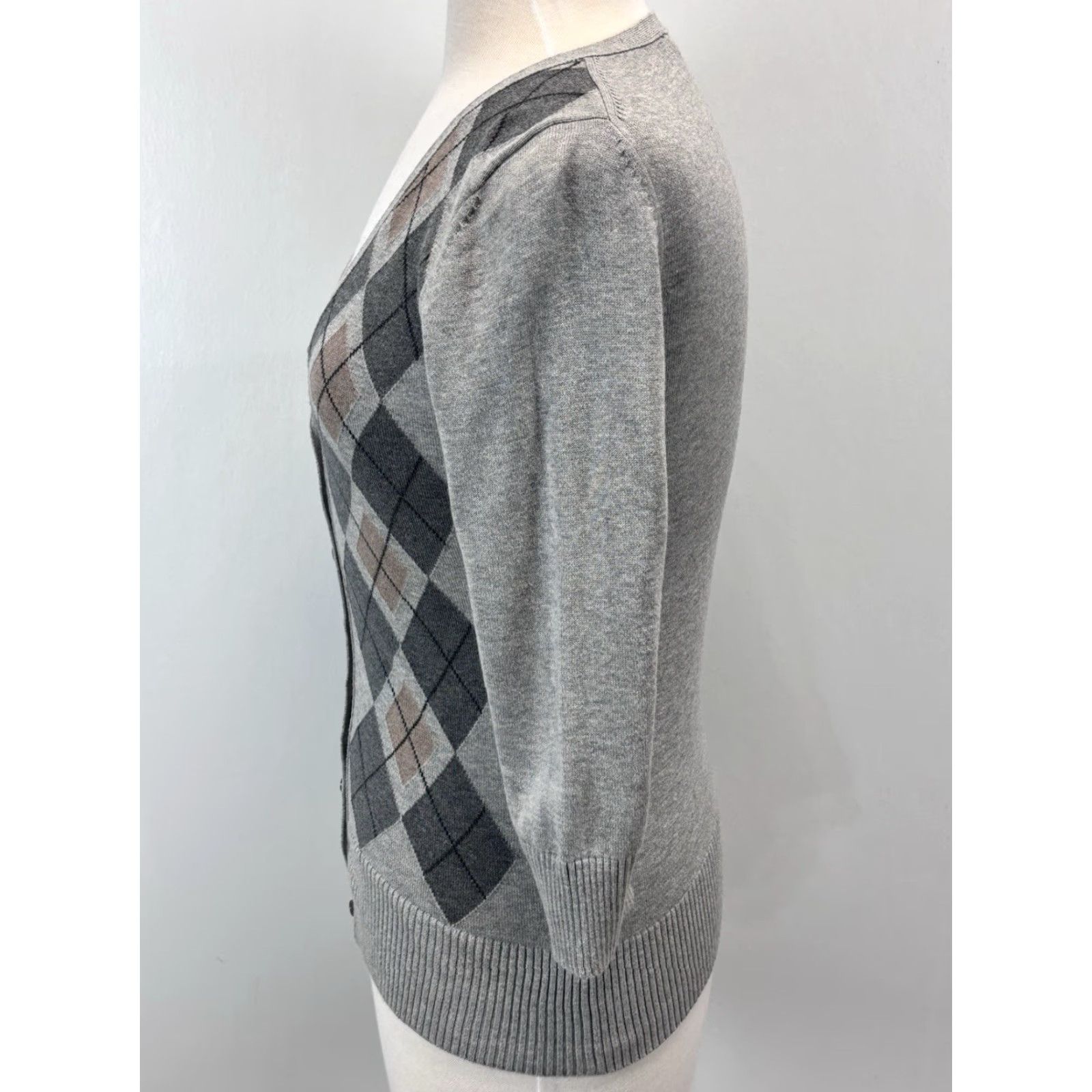 Vintage The Limited Grey Argyle Cardigan Sweater Women's Small Stretch Y2K 3/4 Sleeve Size S / US 4 / IT 40 - 2 Thumbnail