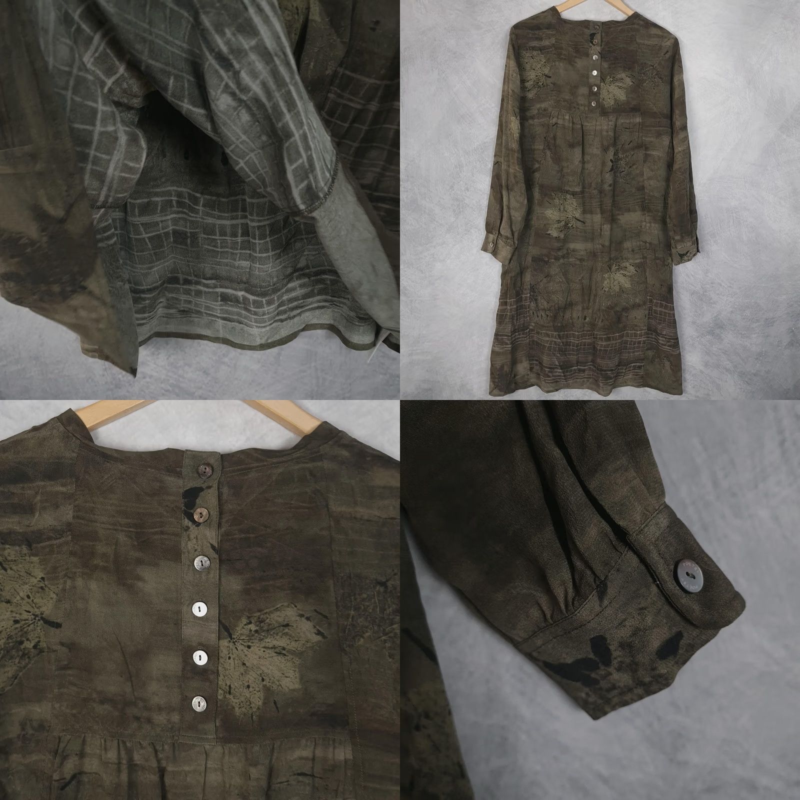 Vintage Poetry Dress Womens 8 Green Brown Silk Trapeze Swing Pockets Leaf Print Size M / US 6-8 / IT 42-44 - 9 Thumbnail