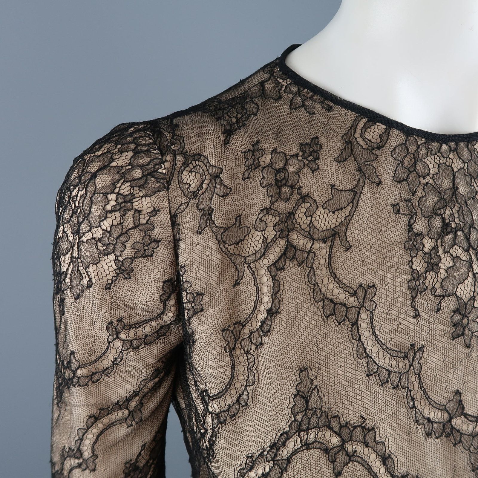Other DENNIS BASSO Beige Black Lace Overlay Long Sleeve Cocktail Size S / US 4 / IT 40 - 3 Thumbnail