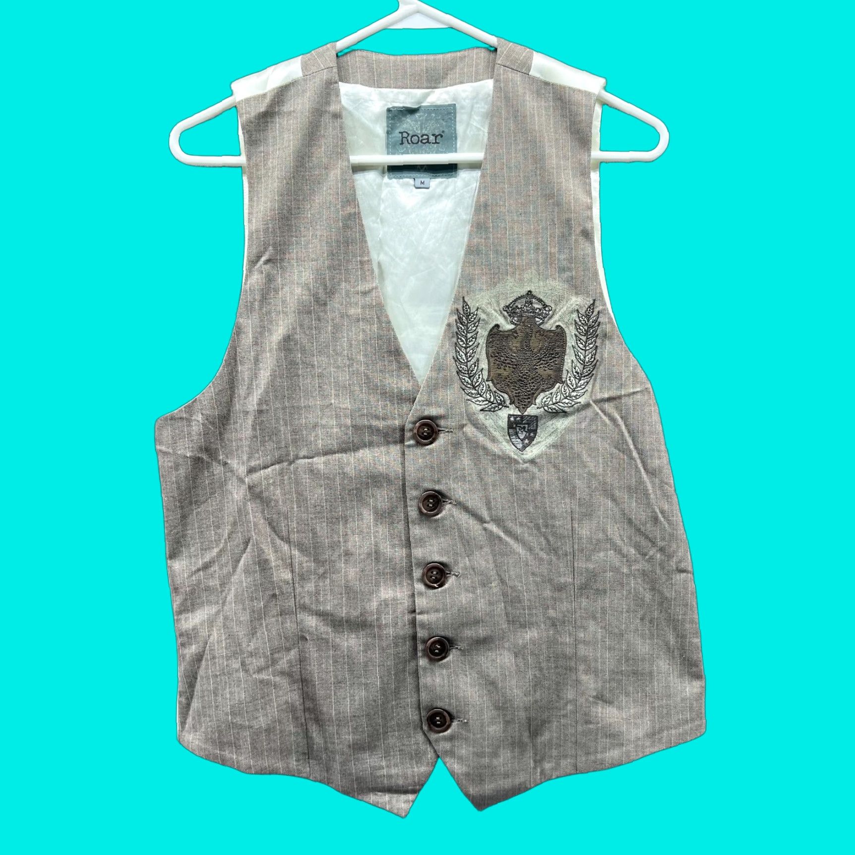 Roar VINTAGE Roar Vest Mens M Khaki Sleeveless Biker Pinstriped Embroidered Cross Beige Cotton Size US M / EU 48-50 / 2 - 1 Thumbnail