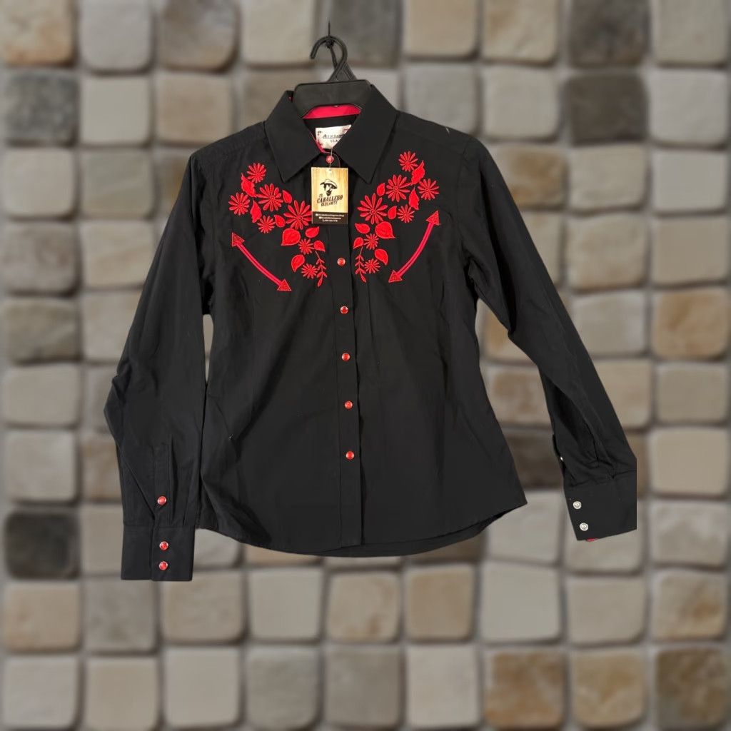 Vintage Ace of Diamond Western Shirt Womens S Black Red Embroidered Pearl Snap NWT Vintage No Size S / US 4 / IT 40 - 1 Thumbnail