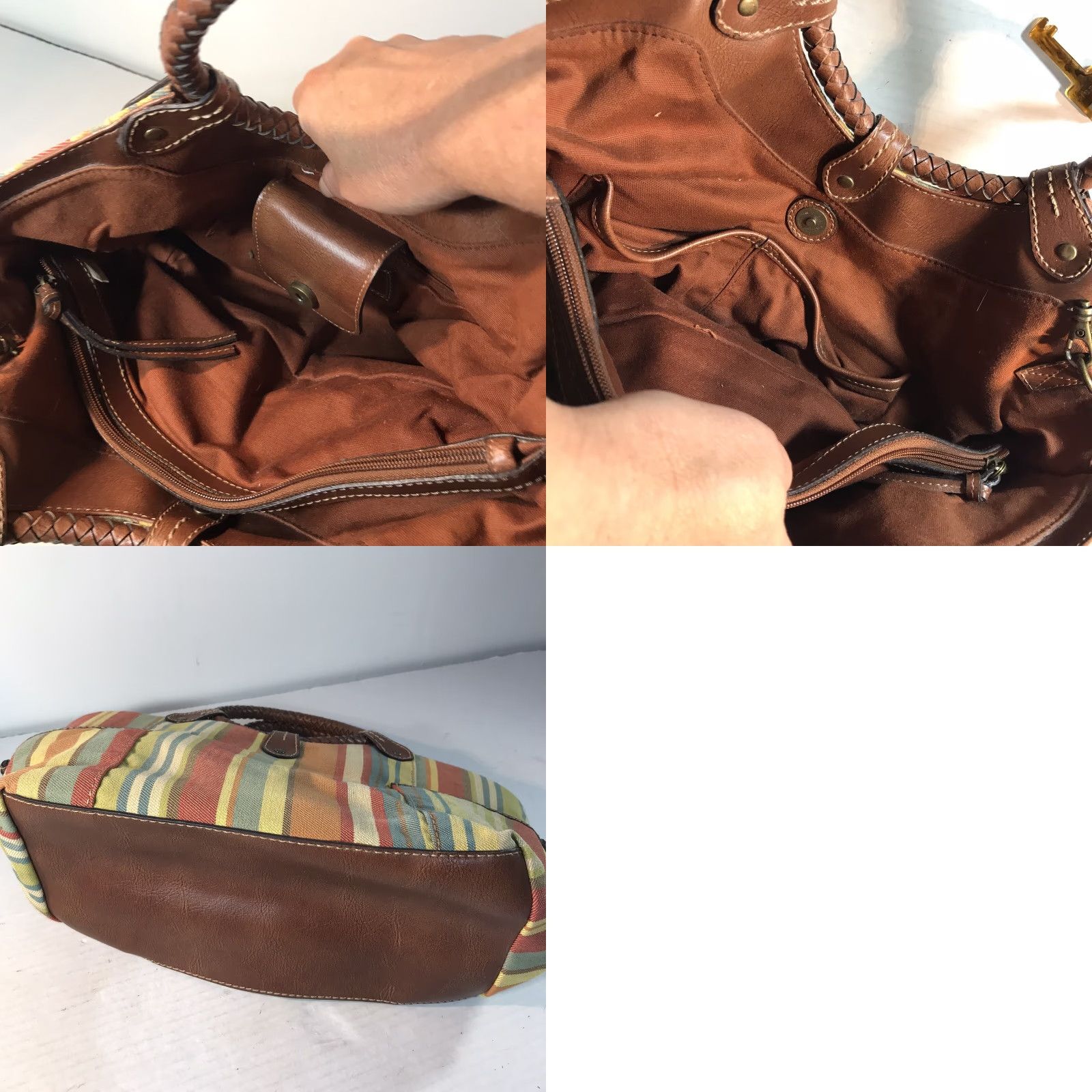 Fossil FOSSIL Women Satchel Bag Medium Rainbow Striped Canvas Leather Trim Casual Travel Workwear Size ONE SIZE - 8 Thumbnail