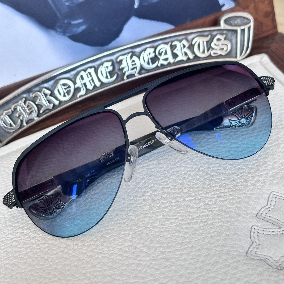 image of Chrome Hearts 1/1 Blade Hummer I ‘Ocean’S Depth’ Sunglasses in Black, Men's