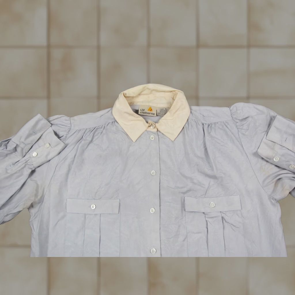 Liz Claiborne VINTAGE Liz Claiborne Shirt Womens 8 Blue Silk Button-Up 90s 80s Small Stain Pattern Solid Size M / US 6-8 / IT 42-44 - 1 Thumbnail