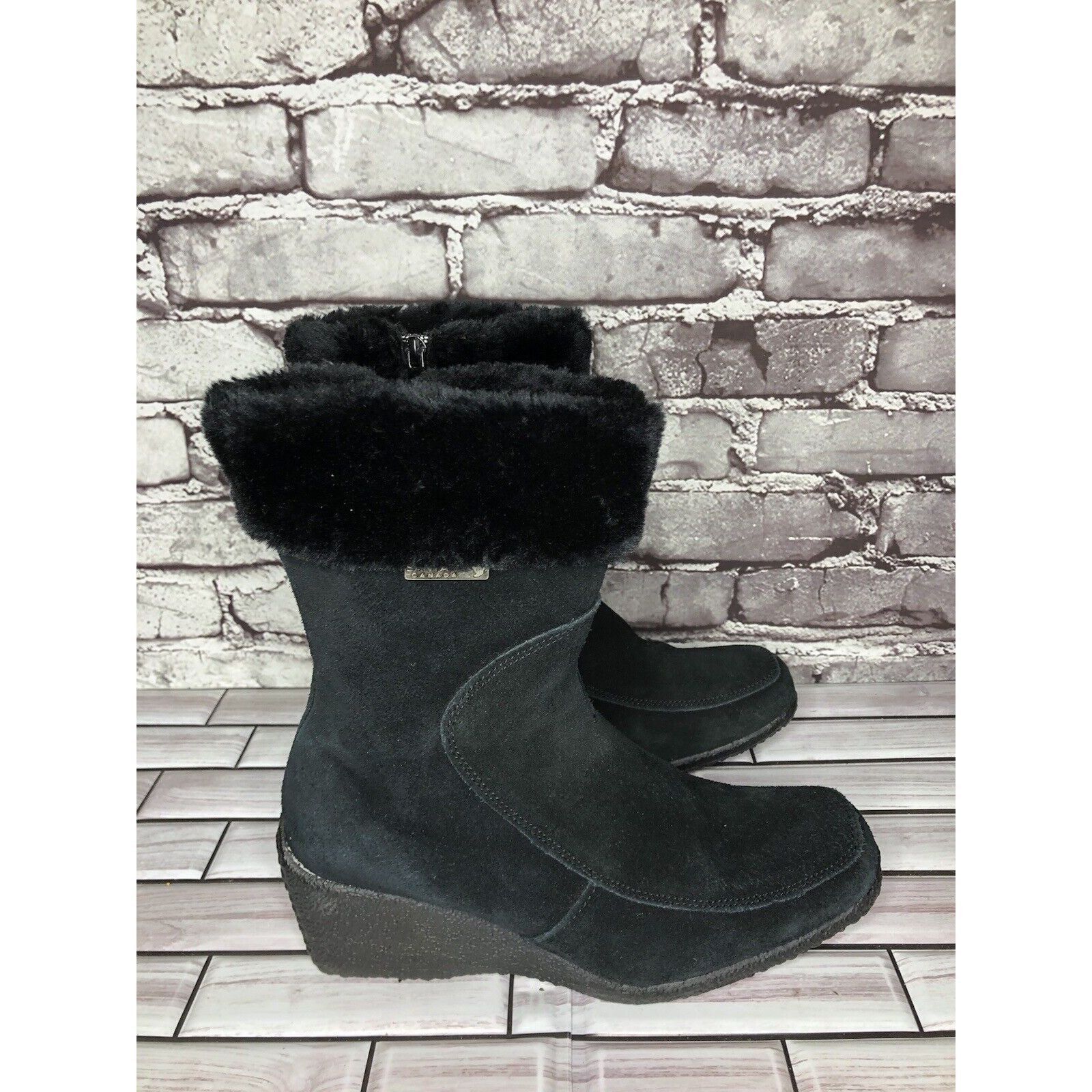 Other Aquatherm by Santana Canada Tati Black Suede Fur Winter Wedg Size US 8 / IT 38 - 21 Thumbnail