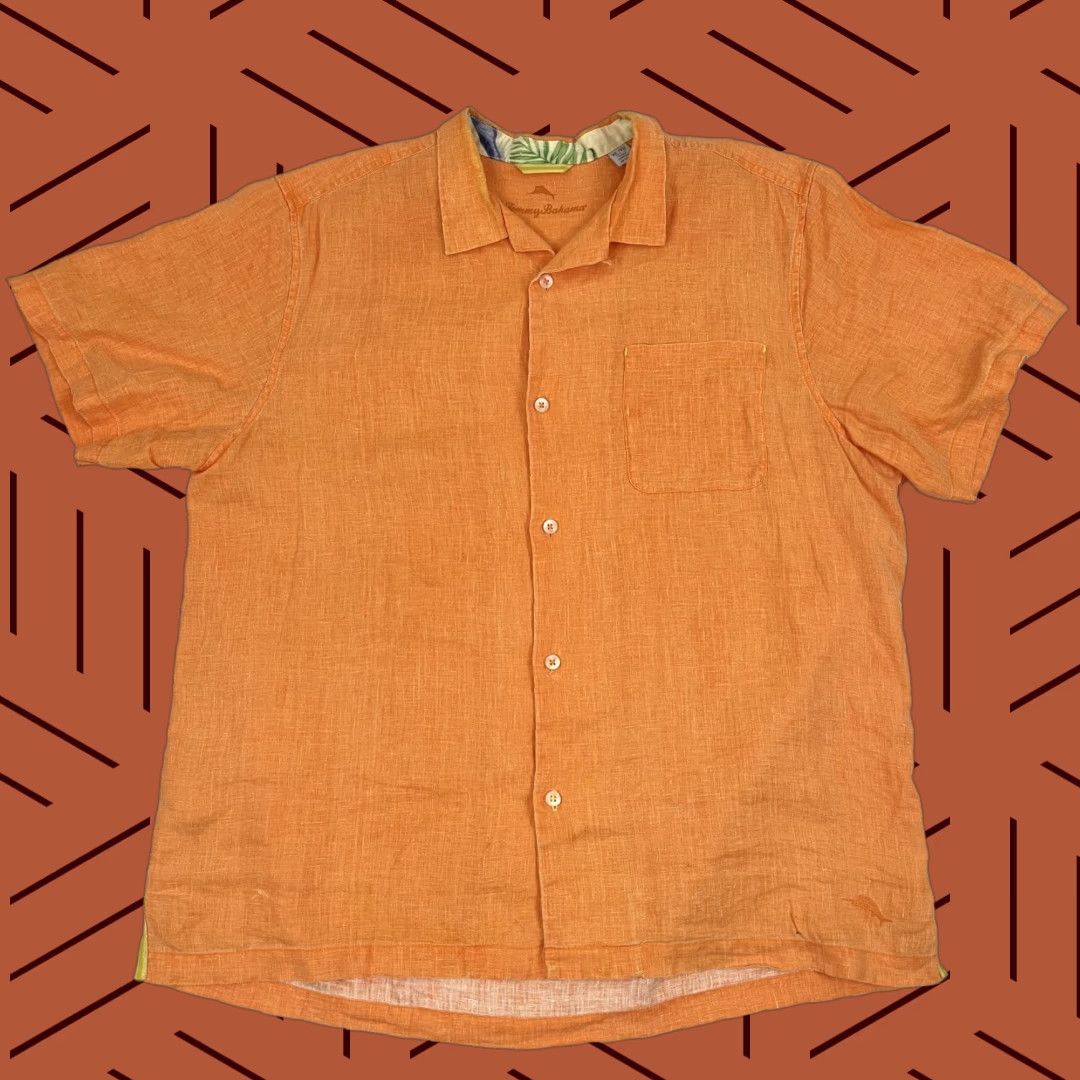 Tommy Bahama Tommy Bahama Shirt Mens XL Orange 100% Linen Hawaiian Camp Hook n Loop Button Up Size US XL / EU 56 / 4 - 1 Thumbnail