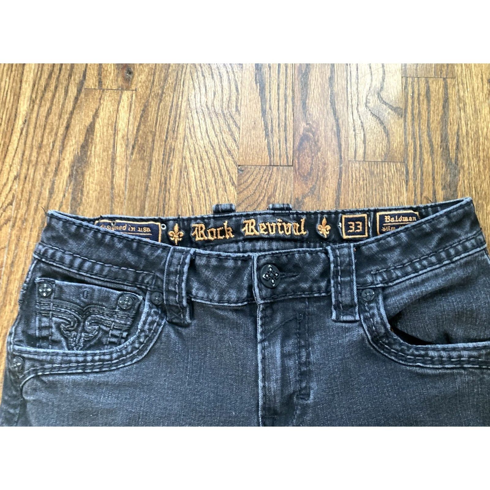 Vintage Rock Revival Jeans Slim Straight 33x27 Black Flap Pockets Mens Regular Size 33 Inseam 27 China Size US 33 - 4 Thumbnail