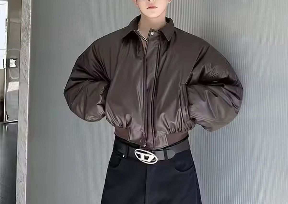 Japanese Brand CROPPED Vegan Leather Bomber Jacket - Boxy Streetwear Puffer Size US M / EU 48-50 / 2 - 3 Thumbnail