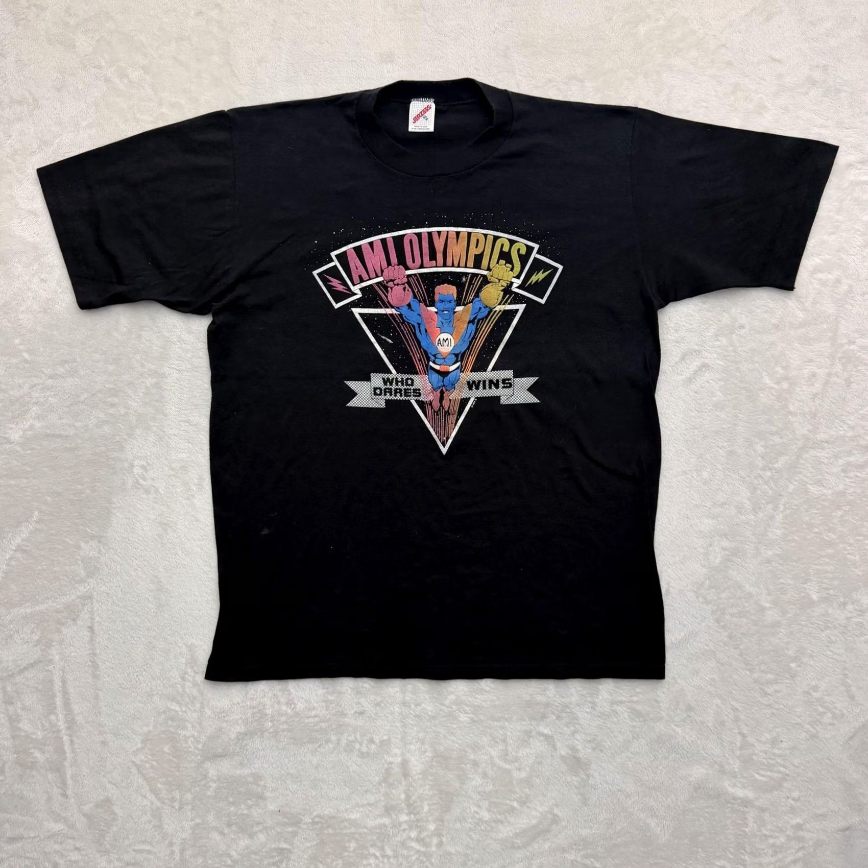 Jerzees VINTAGE AMI Olympics Shirt Mens XL Black Jerzees Who Dares Wins 80s Graphic Tee Size US XL / EU 56 / 4 - 2 Thumbnail