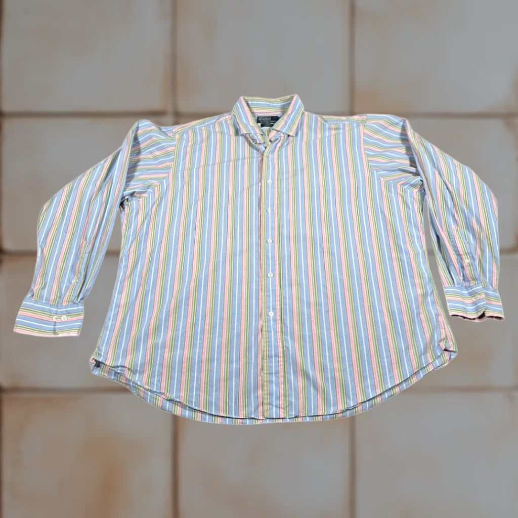 Polo Ralph Lauren VINTAGE Polo Ralph Lauren Shirt Adult 2XL Blue Pastel Rainbow Striped 90s Polo by Ralph Lauren Shirt Mens 2XL Blue Pastel Rainbow Striped 90s Size US XXL / EU 58 / 5 - 1 Thumbnail