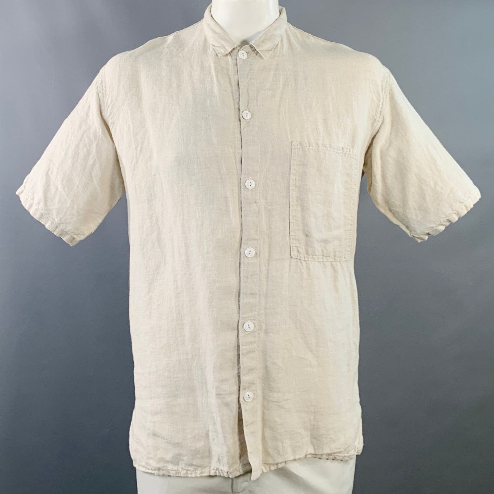 TENDER Size L Beige Linen One Pocket Short Sleeve Shirt