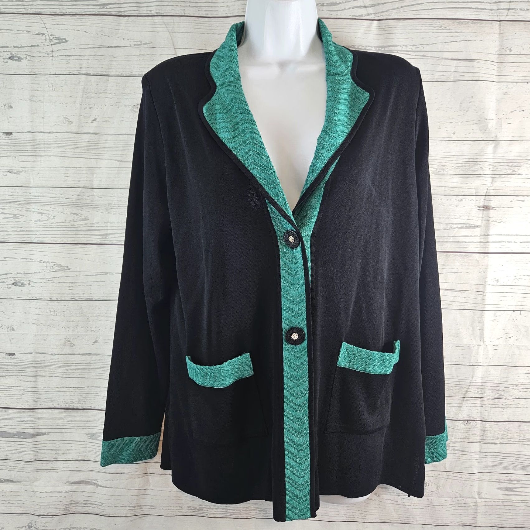 Vintage Misook Jacket Womens Medium Black Button Front Long Sleeve Knit Coat StyleBasic Jacket Mens Womens Size M / US 6-8 / IT 42-44 - 2 Thumbnail