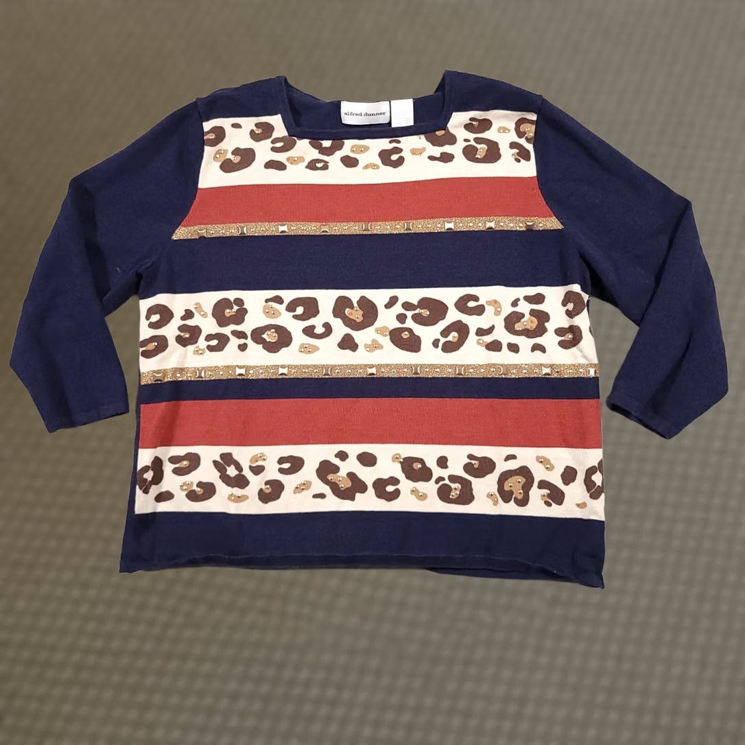 Vintage Alfred Dunner Shirt Women's Large 3/4 Sleeve Square Neck Animal Print Studded Size L / US 10 / IT 46 - 1 Thumbnail