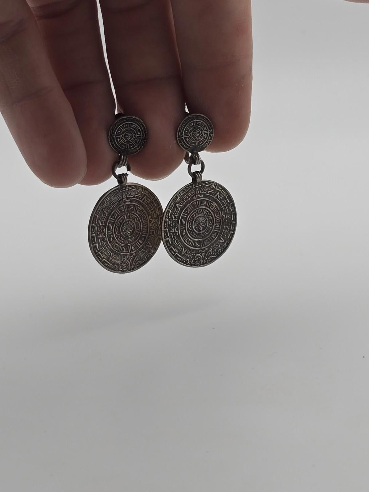 Sterling Silver Vintage Mexican Sterling Aztec Calendar Earrings 1950s Size ONE SIZE - 7 Thumbnail