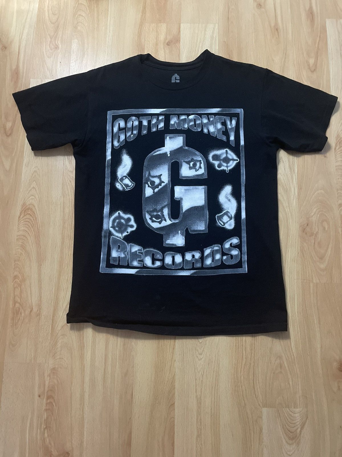 image of Goth&money Goth Money Records Airbrush Logo Tee in Black, Men's (Size Medium)