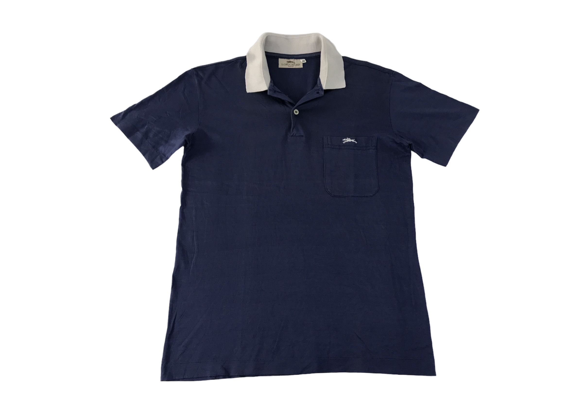 image of 90's Longchamp Paris Polo Tee Plain Single Pocket Design in Navy Blue, Men's (Size Small)