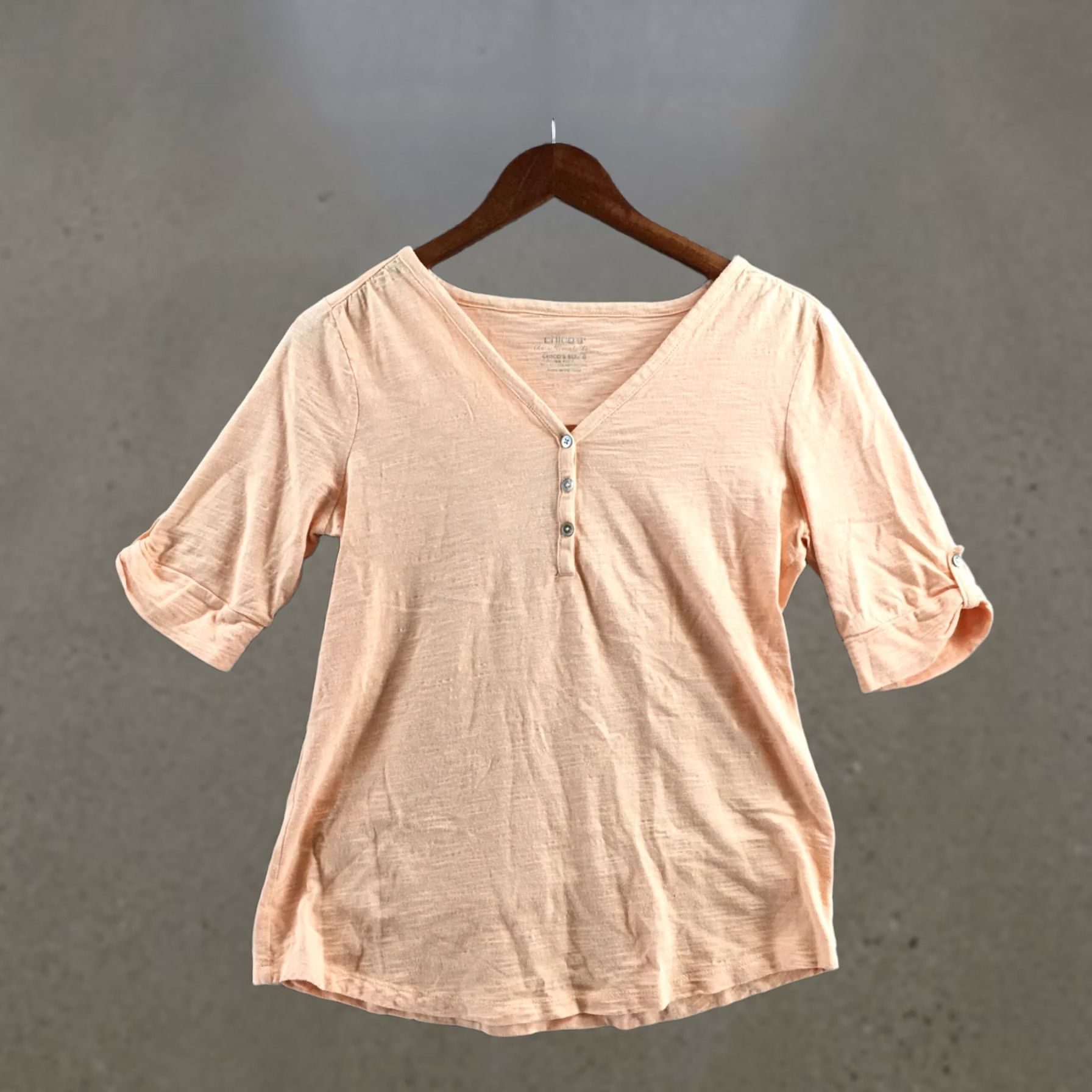 Vintage Chico’s Womens Peach V-Neck Henley Top 3/4 Roll Tab Sleeves Tee Shirt 0 Casual Size XS / US 0-2 / IT 36-38 - 1 Thumbnail