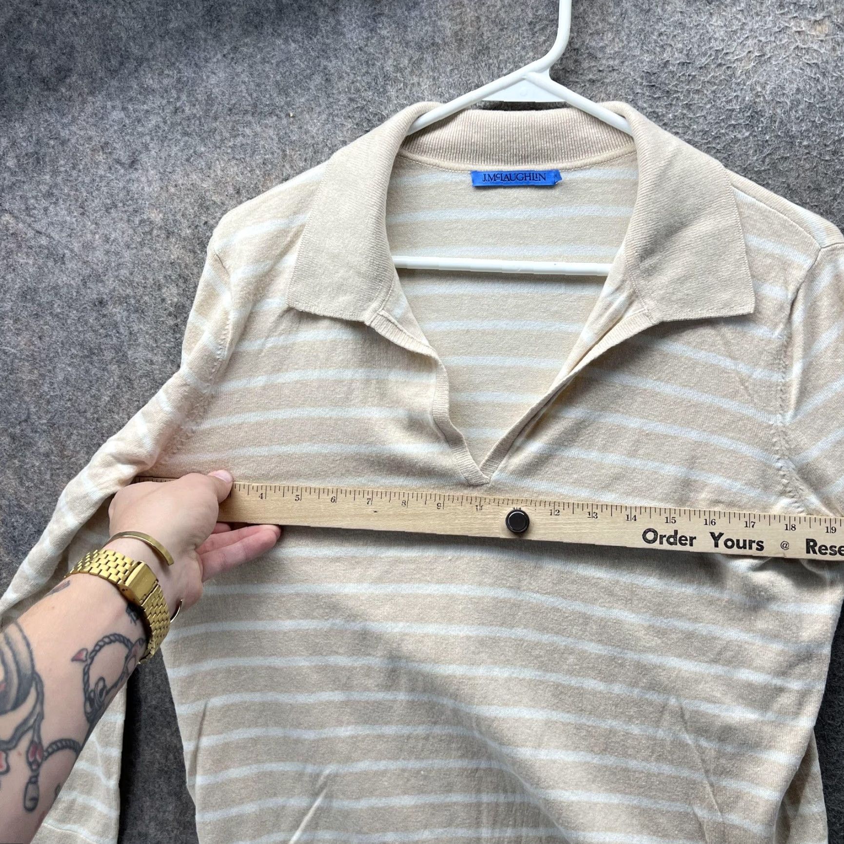 J.McLaughlin J. McLaughlin Polo Shirt Womens Medium Beige Stripe 3/4 Sleeve Collared Top Size M / US 6-8 / IT 42-44 - 5 Thumbnail