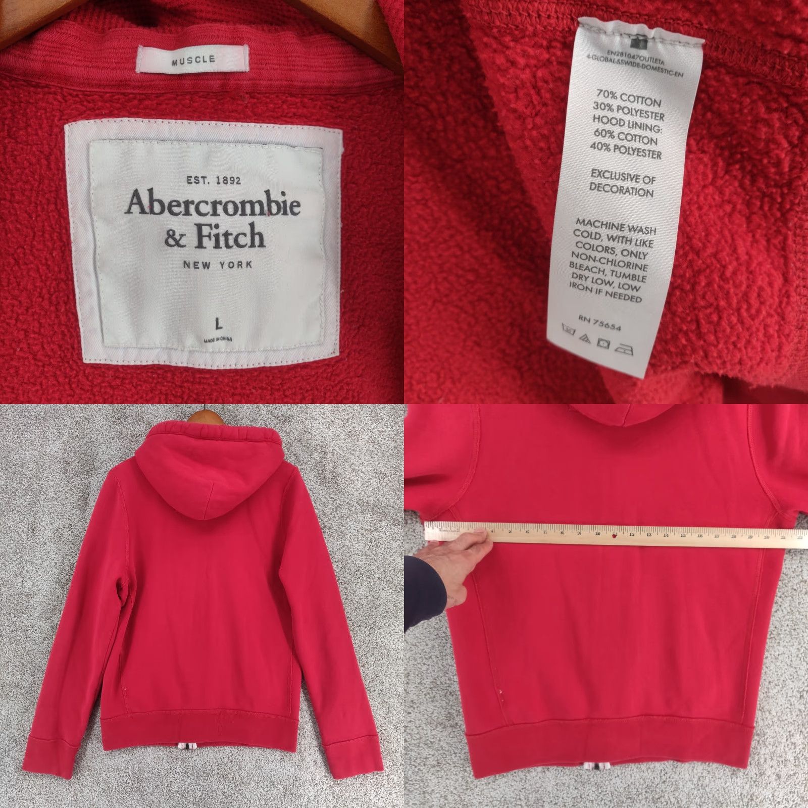 Abercrombie & Fitch VINTAGE Abercrombie & Fitch Hoodie Mens Large Red Full Zip Distressed Fleece Size US L / EU 52-54 / 3 - 8 Thumbnail