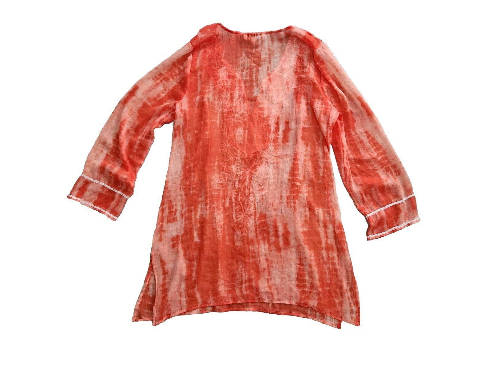 Designer Blue Island Beach Cover Up Large Orange Boho Embroidered V Size ONE SIZE - 2 Thumbnail