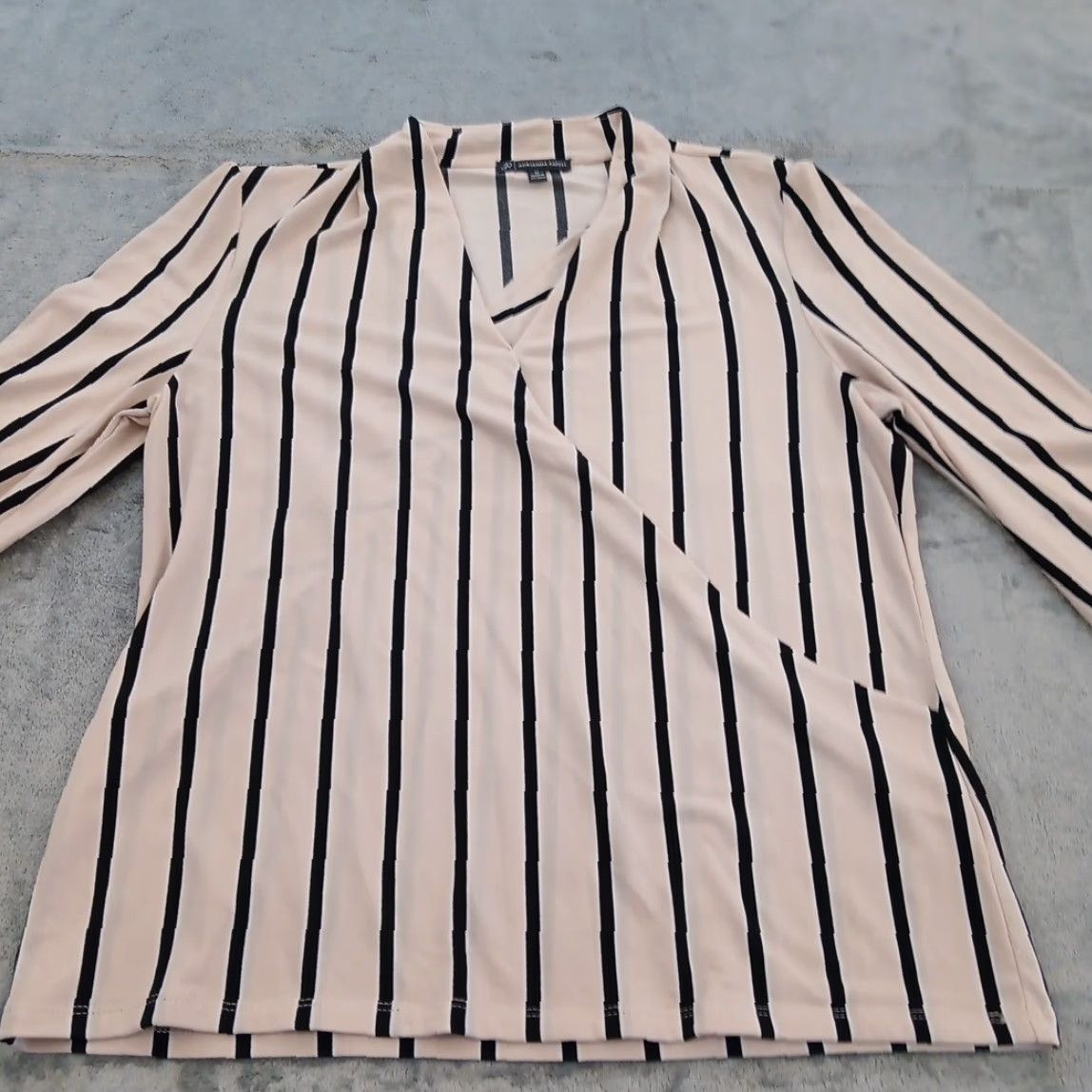 Adrianna Papell Adriana Papell Shirt Womens Medium Pink Black Striped V-Neck Pullover Size M / US 6-8 / IT 42-44 - 4 Thumbnail