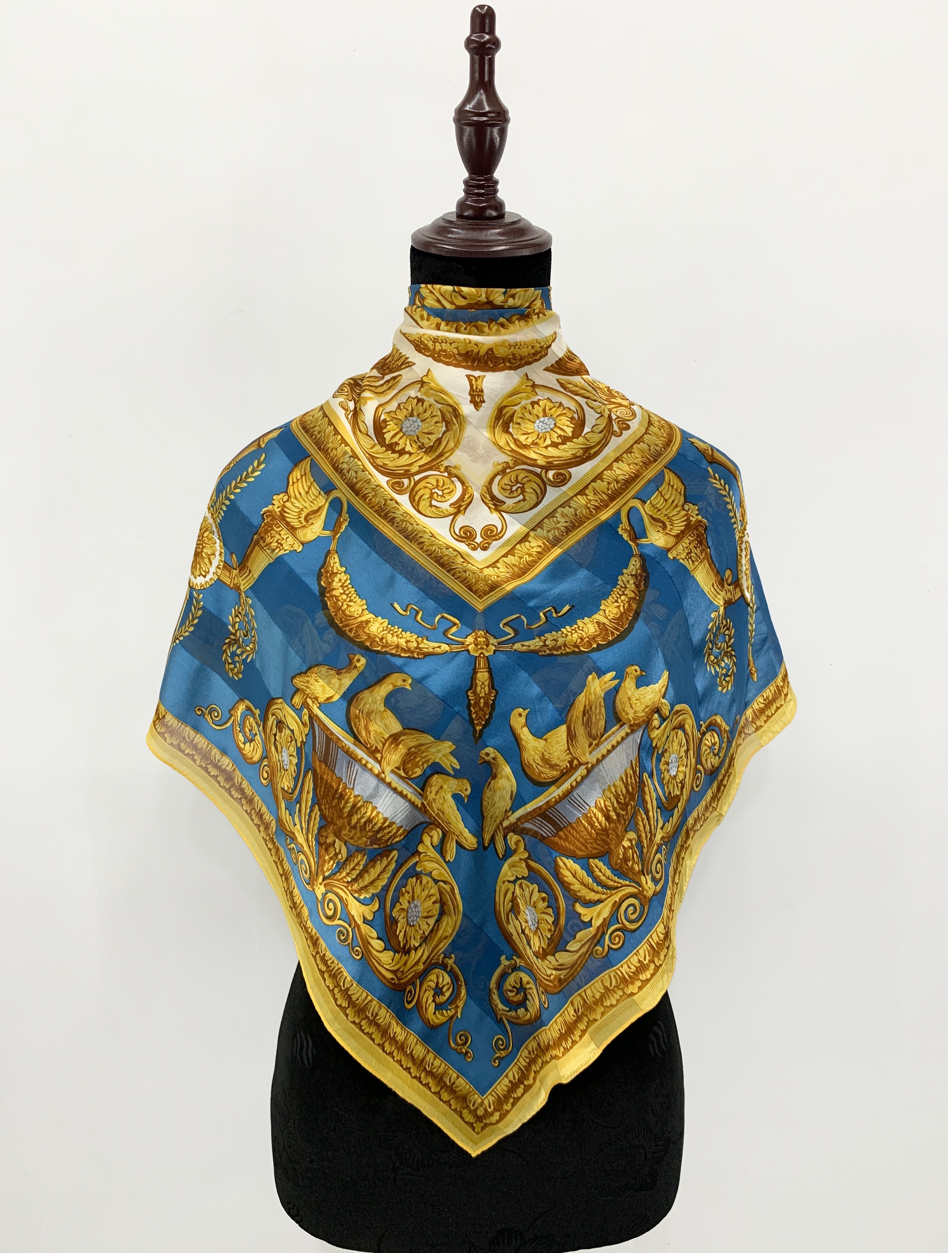 image of Vintage Filigree Scarf Japanese Silk Scarf Neckwear - Sca641 in Blue/Brown, Women's
