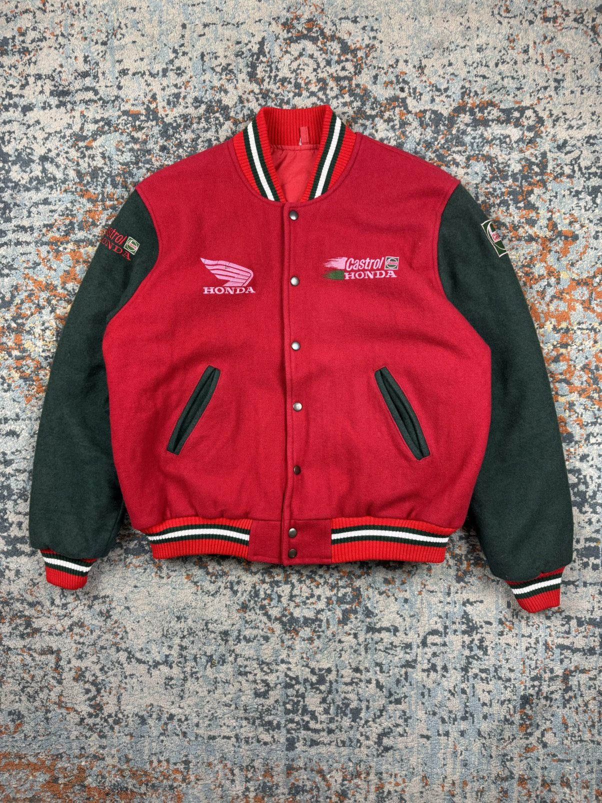 Honda Vintage 80s Honda Castrol heavy wool varsity racing jacket Size US L / EU 52-54 / 3 - 2 Thumbnail