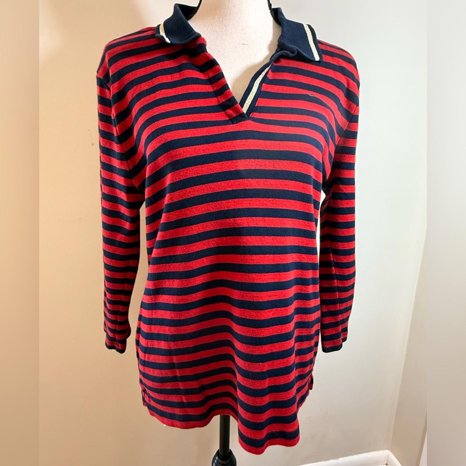 Tommy Hilfiger Tommy Hilfiger Henley navy red stripes gold trim SZ LG Size L / US 10 / IT 46 - 1 Thumbnail