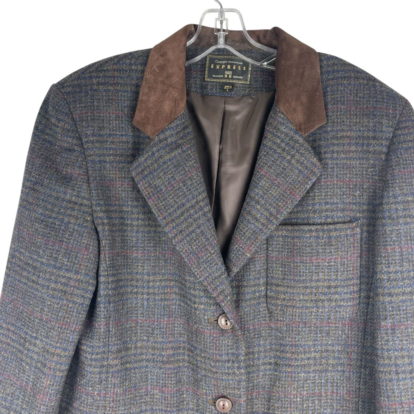 Express Express Suede Collar Wool Plaid Blazer Jacket Suede Size L Size L / US 10 / IT 46 - 4 Thumbnail