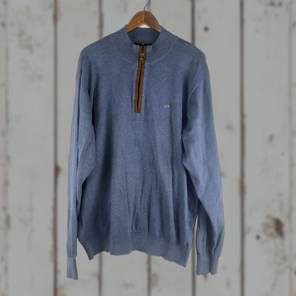 CO VINTAGE Southern Point Co Blue Pullover Sweater Men XL 100% Cotton Zip Mock Neck Casual Travel Winter Size US XL / EU 56 / 4 - 1 Thumbnail