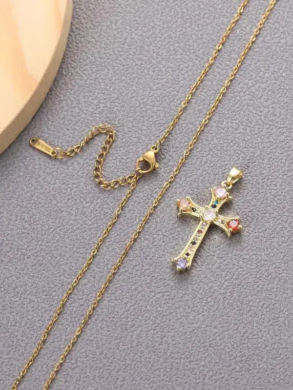 Jewelry × Vintage Retro Punk Stainless Cross Rhinestone Pendant Gold Size ONE SIZE - 3 Thumbnail