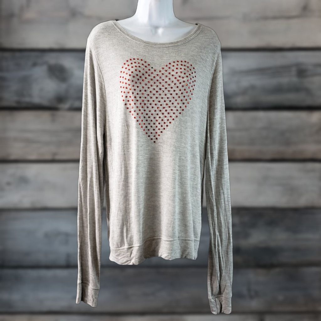 Wildfox Wildfox Glitz Heart Pullover Womens Long Sleeve Sz Large Gray Red Slouchy Size L / US 10 / IT 46 - 1 Thumbnail