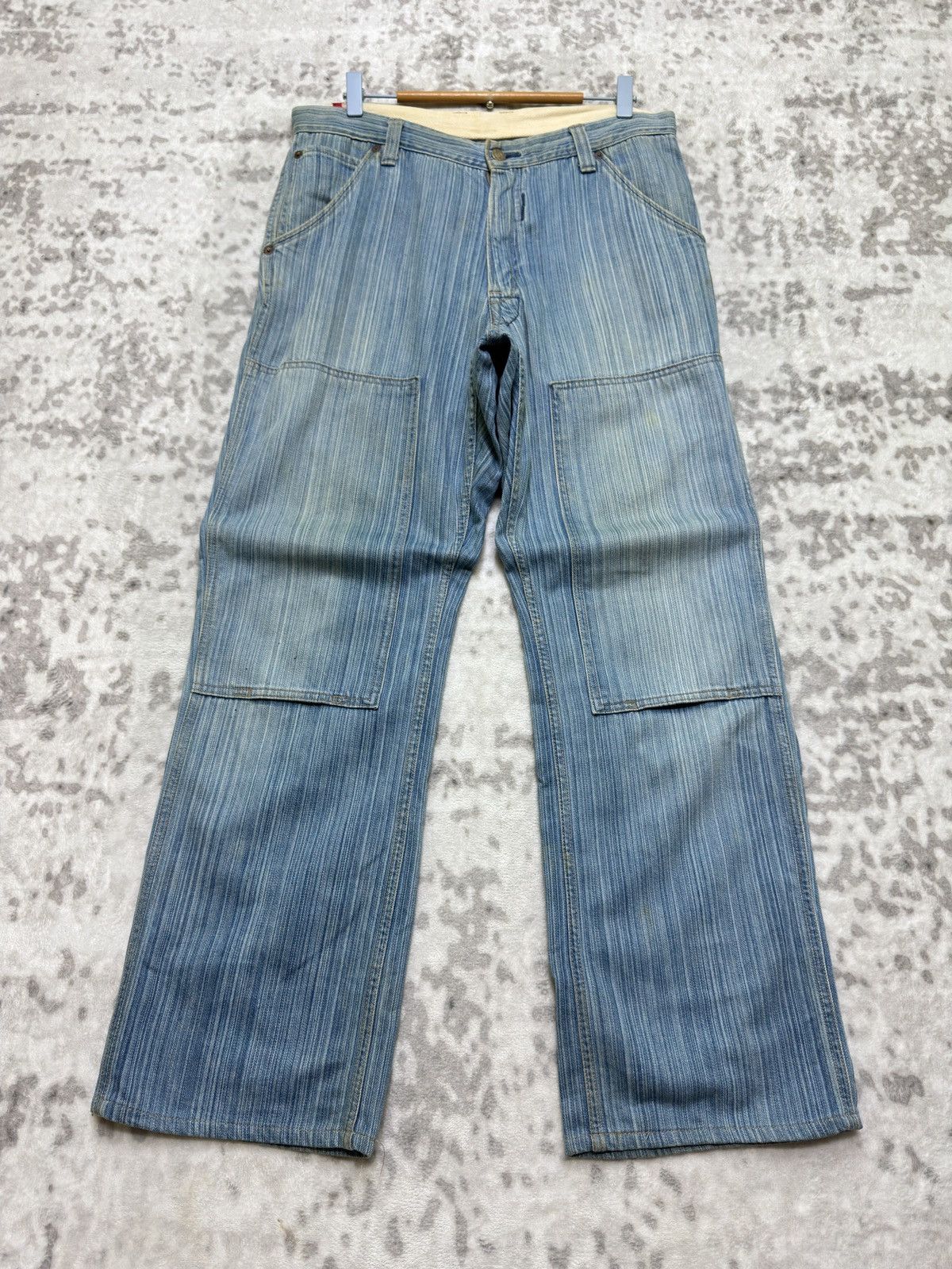 Japanese Brand Vintage BLUE WAYS Striped Distressed Double Knee Denim Pant Size US 32 / EU 48 - 1 Thumbnail
