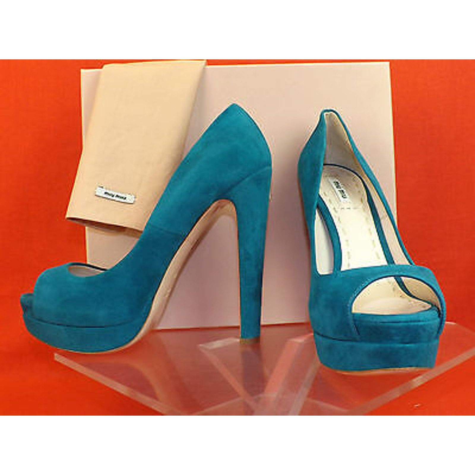 Miu Miu 5KP185 TURQUOISE SUEDE PEEP TOE DOUBLE PLATFORM PUMPS 39.5 9 Size US 9.5 / IT 39.5 - 4 Thumbnail