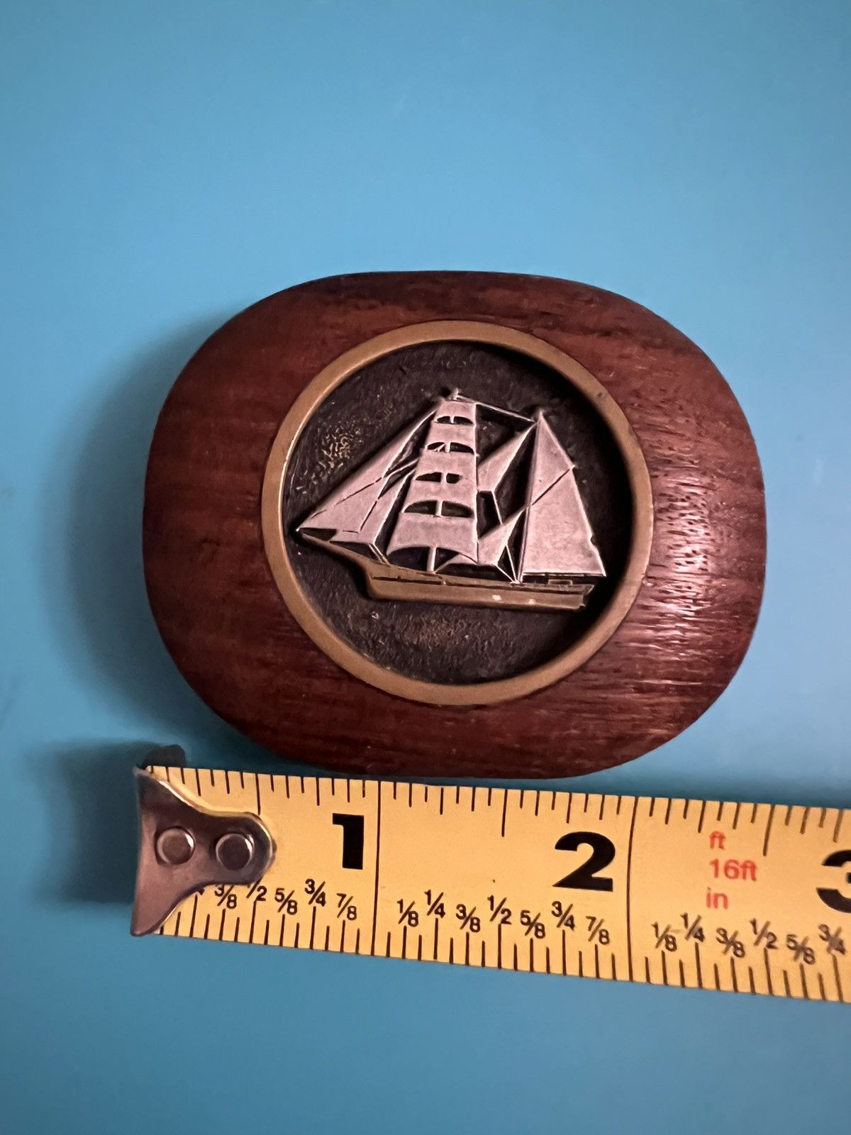 Vintage Belt buckle carved wood and pewter inlay of a sailboat Size ONE SIZE - 5 Thumbnail