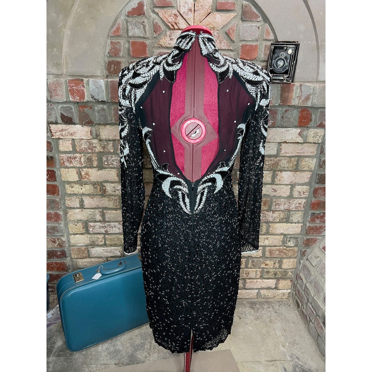 Vintage dress 100% silk beaded sheer bust high collar black white Size L / US 10 / IT 46 - 3 Thumbnail