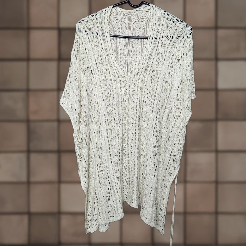 Vintage Womens Ivory Crochet Side Tie Open Knit Boho Cover Up | M | Blouse Tunic Beach Bohemian Travel Casual Womens Size M / US 6-8 / IT 42-44 - 1 Thumbnail