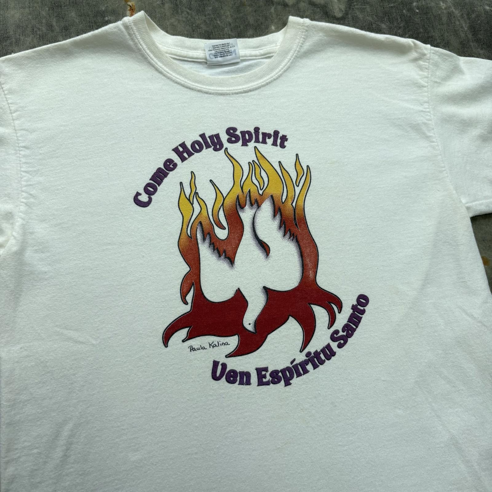 Gildan Vintage Y2K Come Holy Spirit Fire Dove Spanish Jesus Shirt Size US XS / EU 42 / 0 - 2 Thumbnail