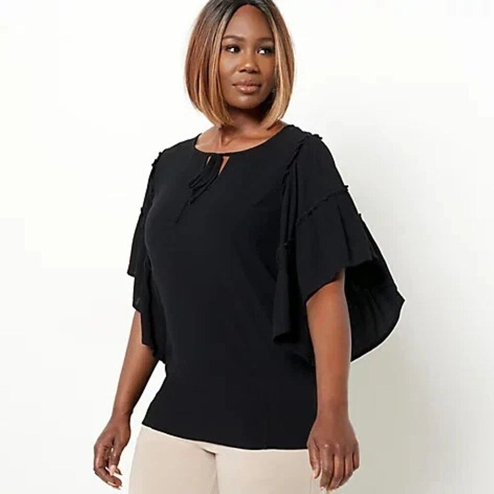 Other New Susan Graver Rayon Crepe Flutter Sleeve Black Tunic A48 Size XXS / US 00 / IT 34 - 1 Thumbnail