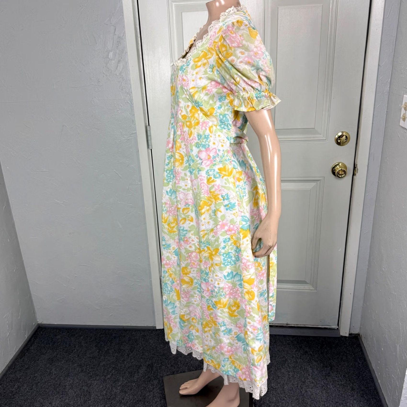Vintage VINTAGE Handmade Women's Dress Floral Cotton Prairie Lace Cottage 70s Tea Dress Bohemian Yellow One Size Regular Dress Women Size ONE SIZE - 3 Thumbnail
