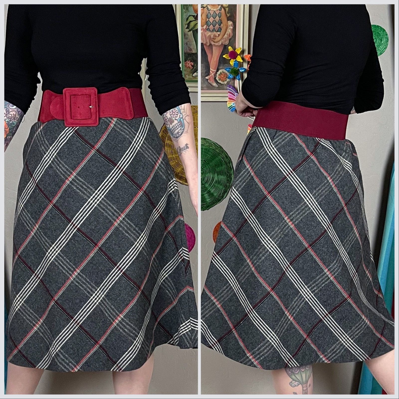 Vintage Vintage 1970s Grey Plaid Wool Blend A-Line Skirt Size 29" - 3 Thumbnail