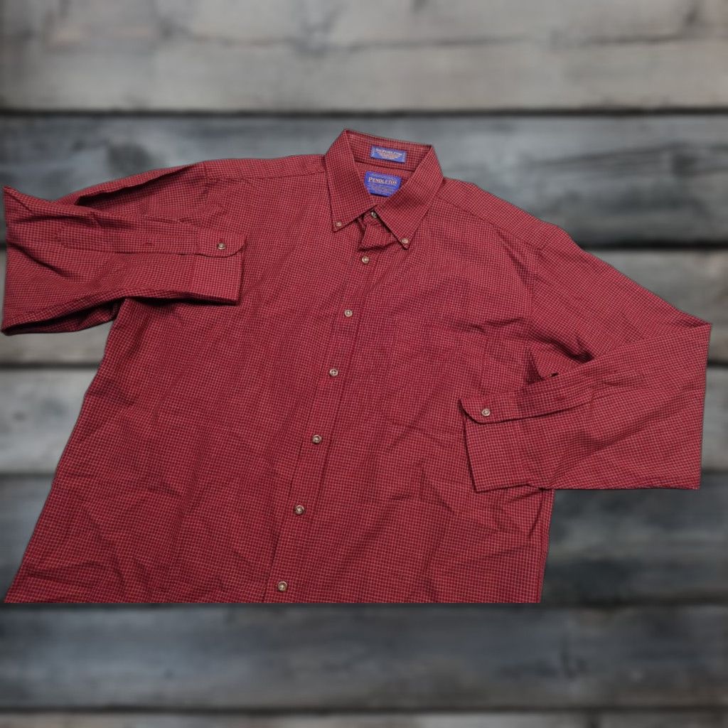 Pendleton VINTAGE Pendleton Wool Shirt Men L Red Check Worsted Wool Button-Up 90s USA Mens Size US L / EU 52-54 / 3 - 1 Thumbnail