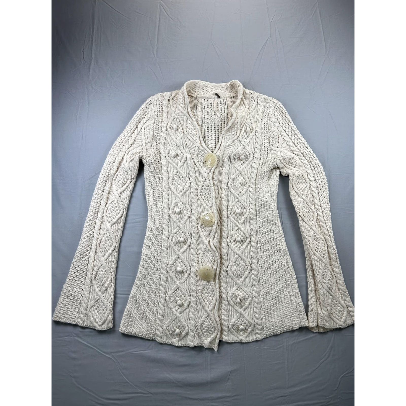 Free People Free People Sweater Cardigan Womens Large White Cable Knit Bell Sleeve Boho Casual Fall Winter Adult Large White Cable-Knit Cardigan Size L / US 10 / IT 46 - 4 Thumbnail