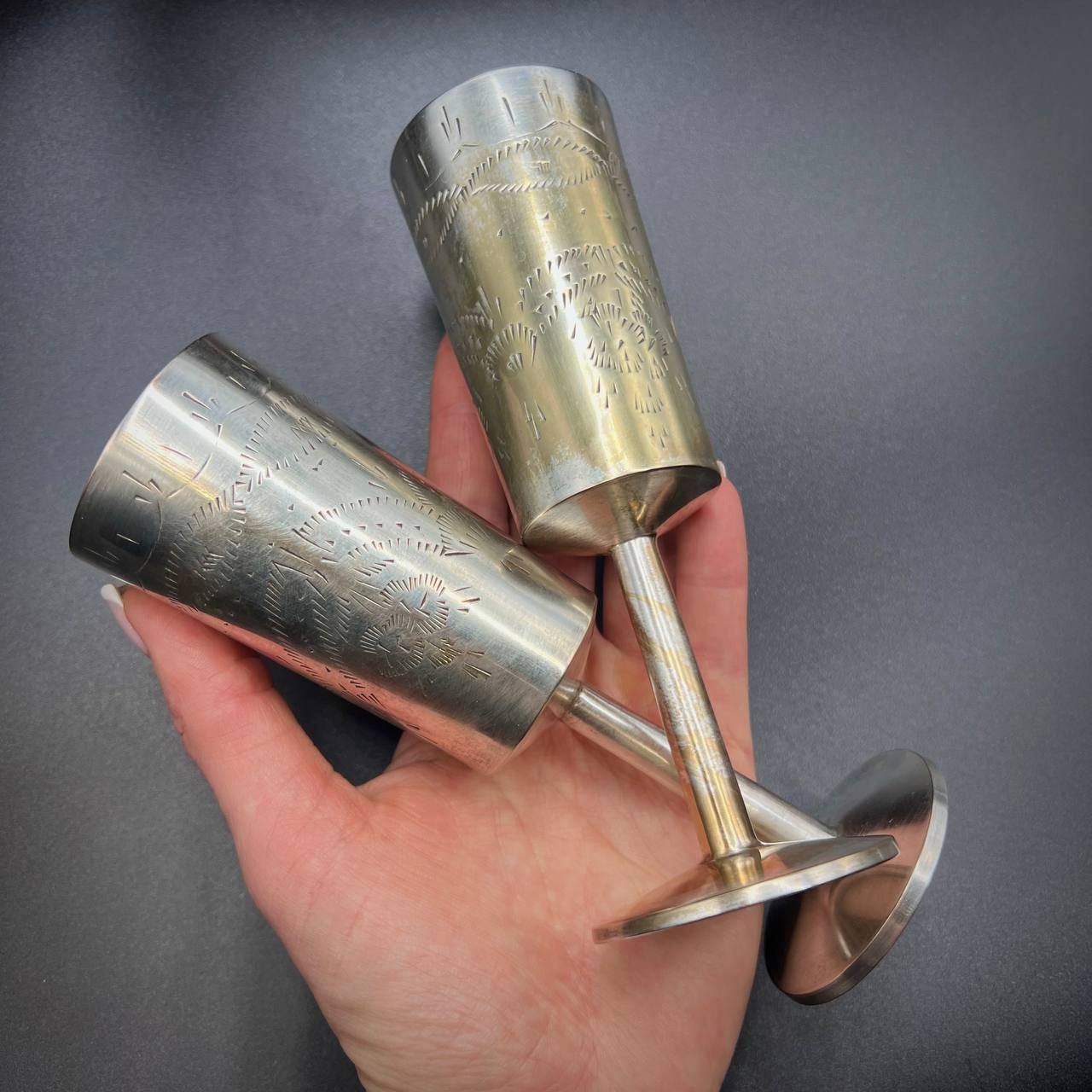 Vintage Pair Elegant Vintage Brass Silver Plated Wine Cups Marked Size ONE SIZE - 3 Thumbnail